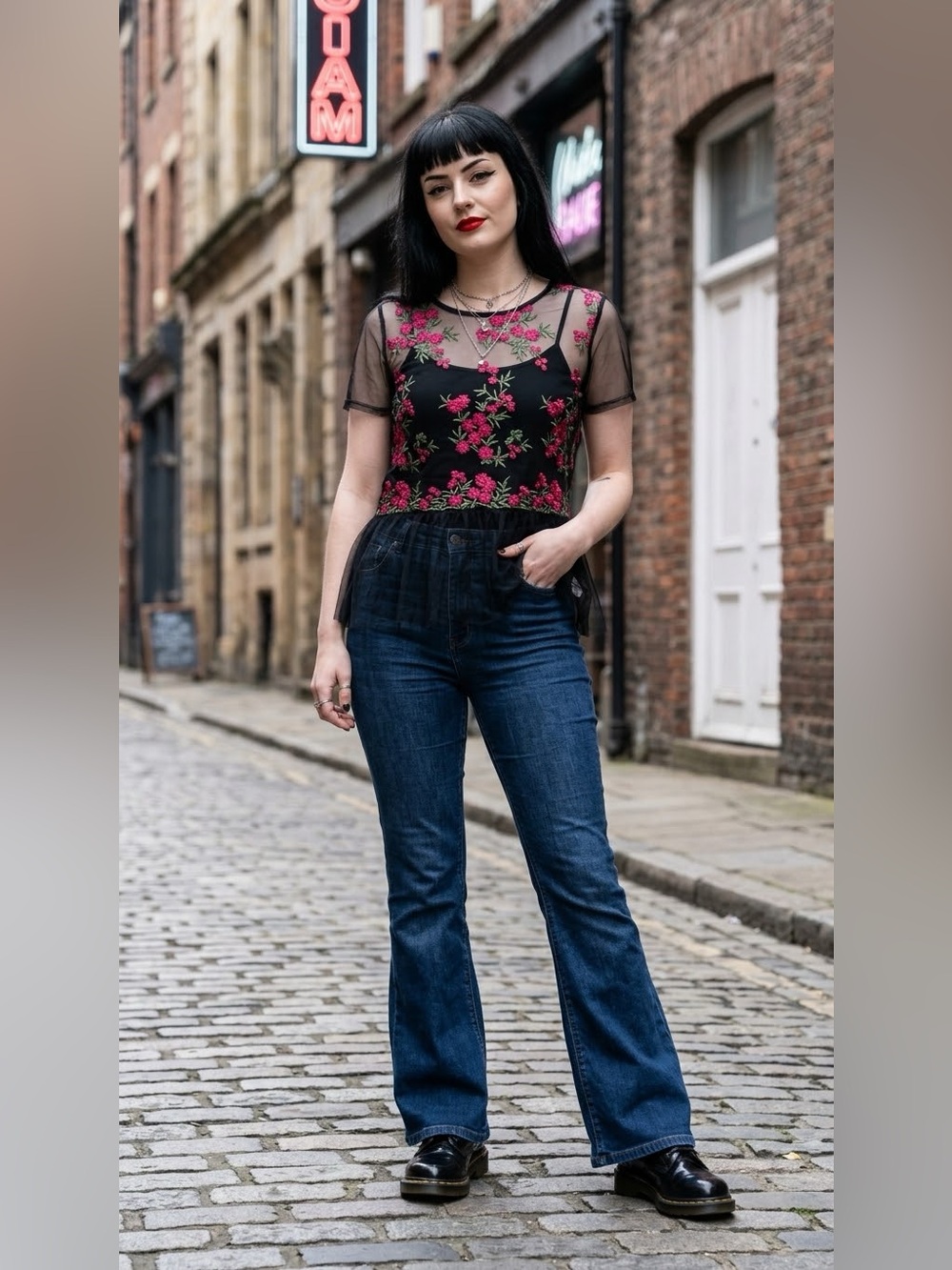 Sheer Black Mesh Top  Embroidered Red Roses made in Italy Whimsigoth M/L